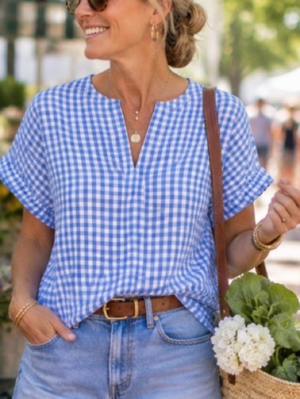 Caryn Lawn Blue White Gingham Cotton Popover Blouse High Low Hem Relaxed Fit